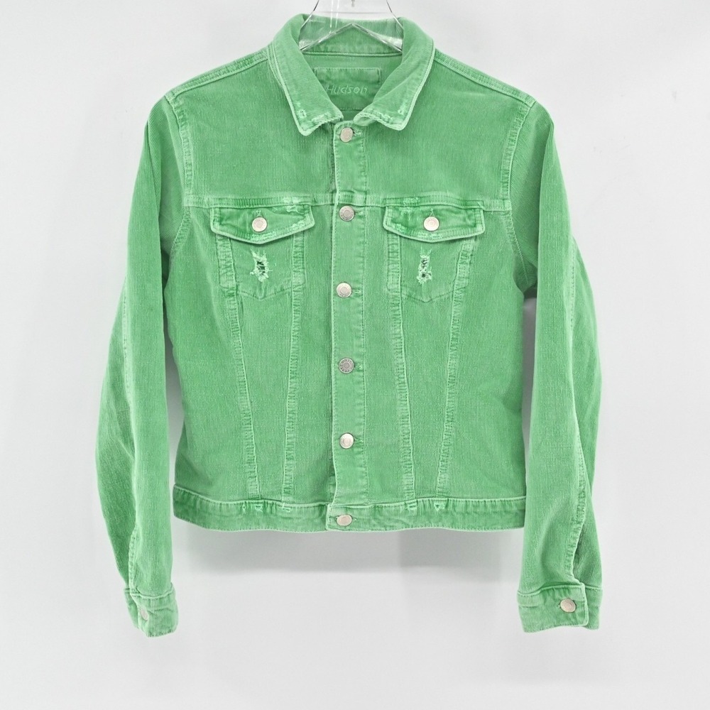 Hudson Corduroy Trucker Jacket‎ Womens Size S Green Distressed Stretch Cotton